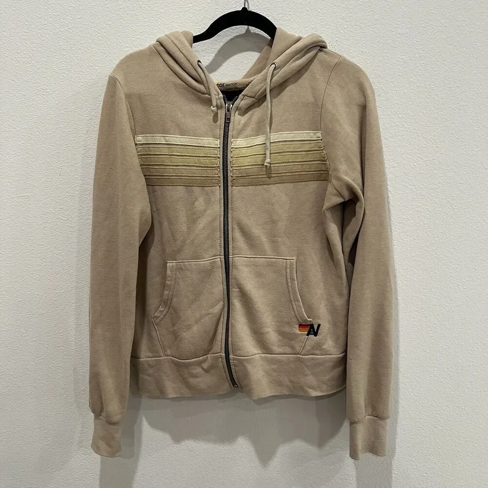 Aviator Nation 5 Stripe Hoodie Sweatshirt Small Full Zip Sand Tan - Picture 2 of 15